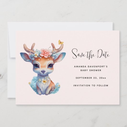 Schattigee Baby Herten met geweien en bloemen Save The Date (Voorkant)