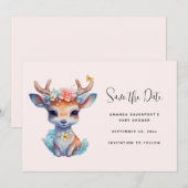 Schattigee Baby Herten met geweien en bloemen Save The Date (Voorkant / Achterkant)