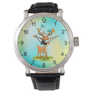 Schattigee Baby herten spelen met Butterfles-23475 Horloge