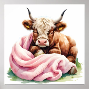 Schattigee Baby Highland Koe met bloemen – Boerder Poster