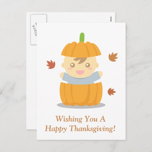 Schattigee Baby in pompoen, eerste Happy Thanksgiv Feestdagenkaart (Voorkant / Achterkant)