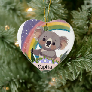 Schattigee Baby Koala Rainbow Aangepaste naam Keramisch Ornament