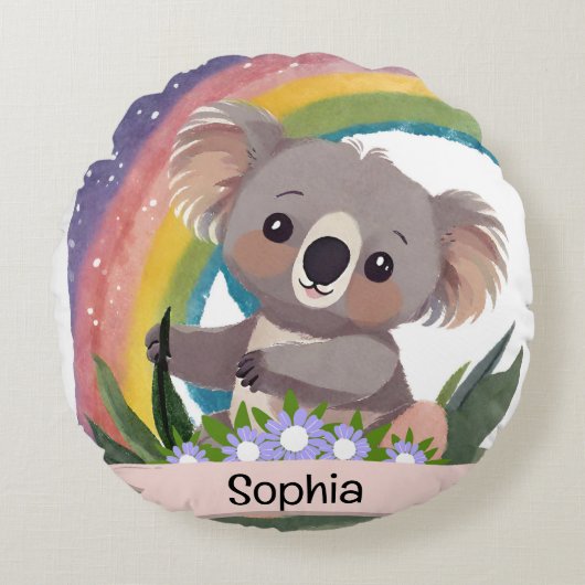 Schattigee Baby Koala Rainbow Aangepaste naam Rond Kussen (Voorkant)