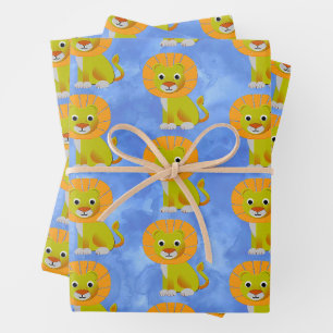 Schattigee Baby Lion Over  Print Patroon Blauw Inpakpapier Vel