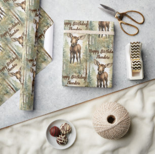 Schattigee Baby Moose Gepersonaliseerde Verjaardag Cadeaupapier