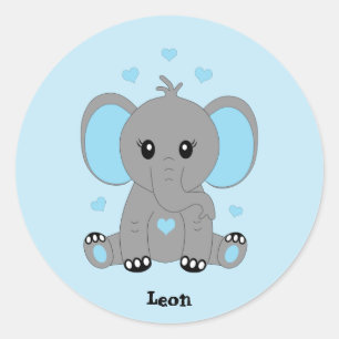 Schattigee baby olifant in blauw, hand getekend ronde sticker