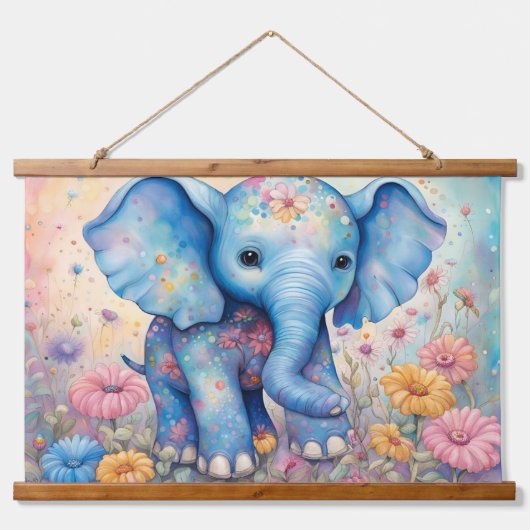 Schattigee Baby Olifant in een pastelmadeliefje Hangend Wandkleed (Voorkant 3)