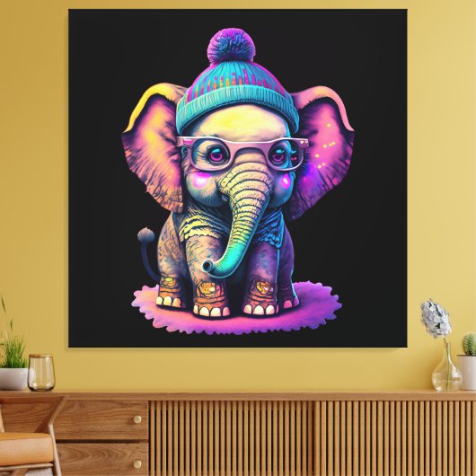 Schattigee Baby Olifant met Bril en Beanie Canvas Afdruk (Insitu (Woonkamer))