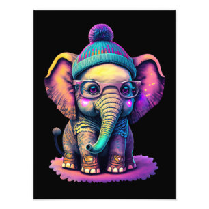 Schattigee Baby Olifant met Bril en Beanie Foto Afdruk