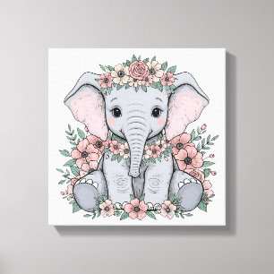 Schattigee Baby olifant met roze bloemen Canvas Afdruk