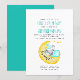 Schattigee Baby Olifant op de Maan Gender Reveal Kaart