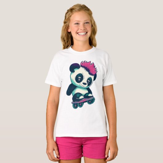 Schattigee Baby Panda met mohawk | Schaatser Panda T-shirt (Voorkant volledig)