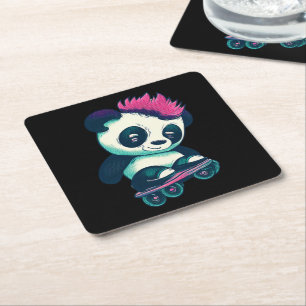 Schattigee Baby Panda met mohawk Schaatser Panda Vierkante Kartonnen Onderzetter