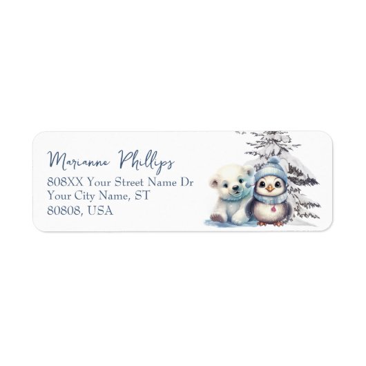 Schattigee Baby Pinguïn en Polar Beer Cub Winter Etiket (Voorkant)