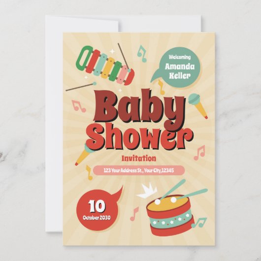 Schattigee Baby shower-uitnodiging met muziekthema Kaart (Voorkant)