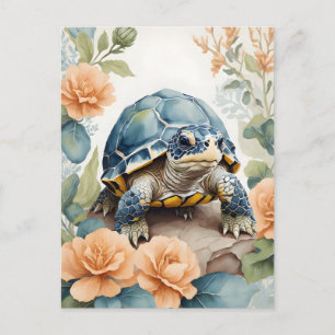 Schattigee Baby Tortoise Pastel Bloemen Waterverf Briefkaart
