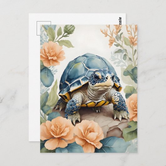 Schattigee Baby Tortoise Pastel Bloemen Waterverf Briefkaart (Voorkant / Achterkant)