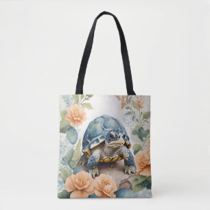 Schattigee Baby Tortoise Pastel Bloemen Waterverf Draagtas