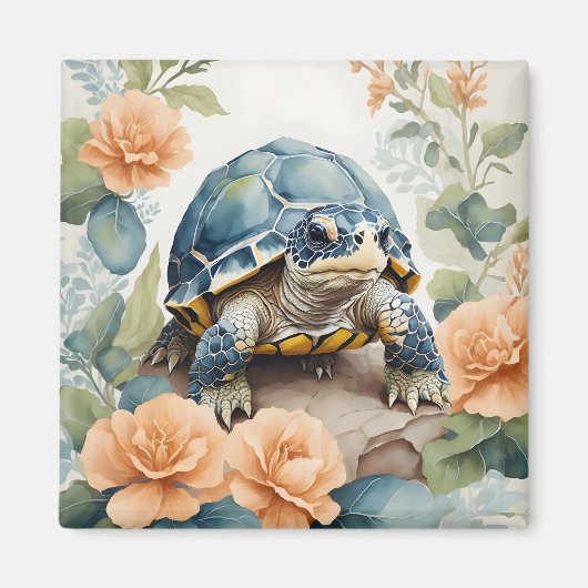 Schattigee Baby Tortoise Pastel Bloemen Waterverf Magneet (Voorkant)