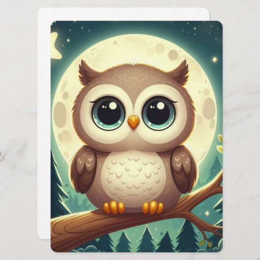 Schattigee baby uil bij nacht met maan feestdagenkaart (Voorkant / Achterkant)