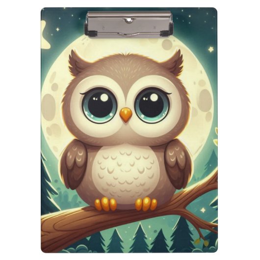 Schattigee baby uil bij nacht met maan klembord (Voorkant)