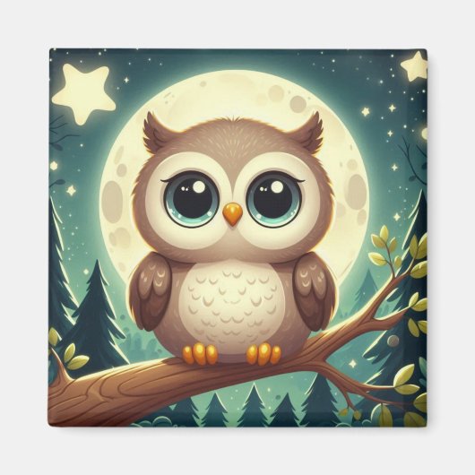 Schattigee baby uil bij nacht met maan magneet (Voorkant)