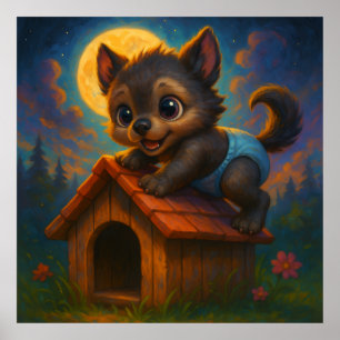 Schattigee Baby Weerwolf op Dog House Fantasy Art Poster