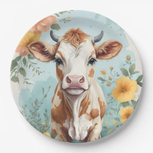 Schattigee babydieren   Schattige Koe Kalf Bloemen Papieren Bordje