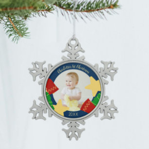 Schattigee Baby's Eerste Kerstfoto aandenken Tin Sneeuwvlok Ornament