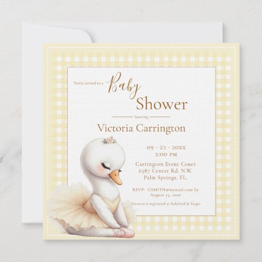 Schattigee Ballerina Geel Plaid Baby shower Uitnod (Voorkant)