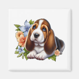Schattigee Basset Hound Puppy Zittend Met Bloemen Magneet
