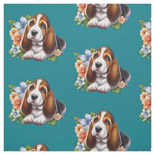 Schattigee Basset Hound Puppy Zittend Met Bloemen Stof (Swatch)