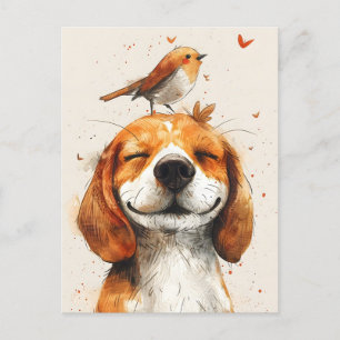 Schattigee beagle met een vogeltje op het hoofd ha briefkaart