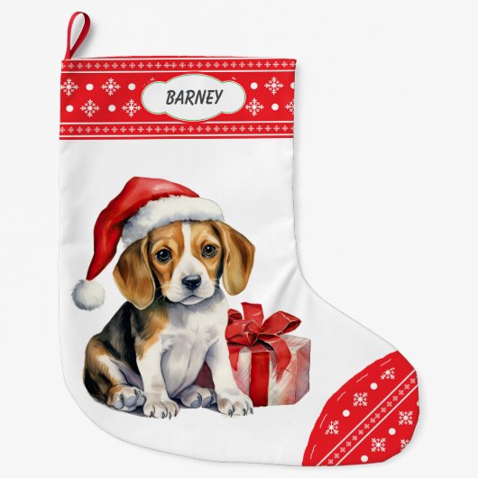Schattigee Beagle Puppy Santa Hat Sneeuwvlok Borde Grote Kerstsok (Voorkant)