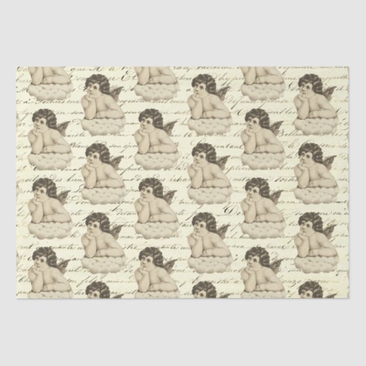 Schattigee  Beige Cherub Angel op Frans script Tissuepapier (Voorkant)