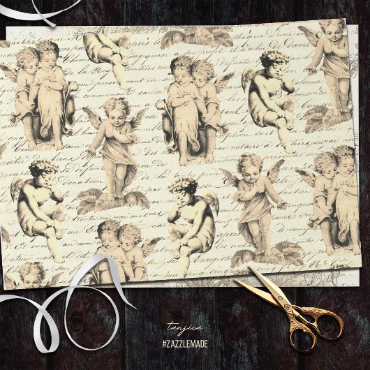 Schattigee  Beige Cherub Angels Frans script Tissuepapier