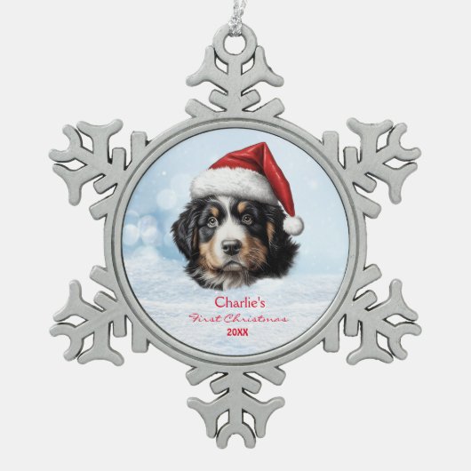 Schattigee Berner Berghond Santa Hat Paw Custom Tin Sneeuwvlok Ornament (Voorkant)