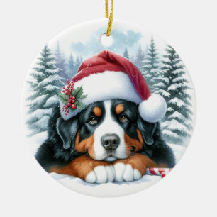 Schattigee Berner Sennenhond Santa Hat Waterverf Keramisch Ornament