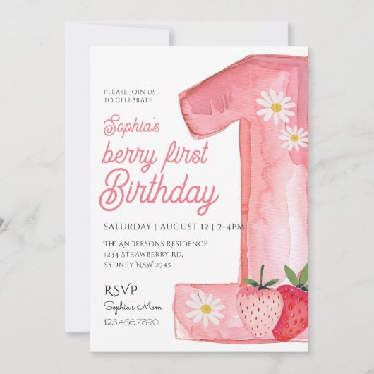 Schattigee Berry Eerste Verjaardag Waterverf Aardb Kaart (Voorkant)