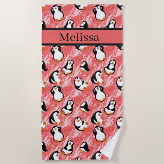 Schattigee betegelde strandpinguïns Naam toevoegen Strandlaken (Voorkant)