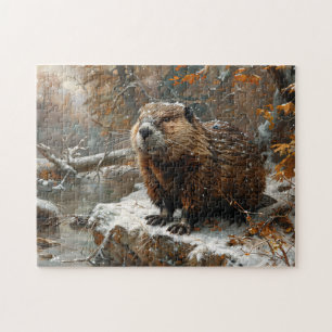 Schattigee bever tijdens winterolieverfschilderij legpuzzel