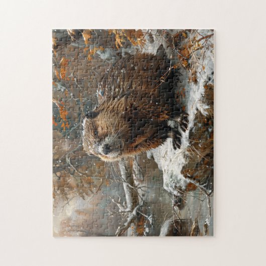 Schattigee bever tijdens winterolieverfschilderij legpuzzel (Verticaal)