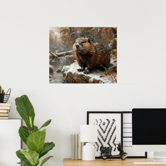 Schattigee bever tijdens winterolieverfschilderij poster (Thuiskantoor)