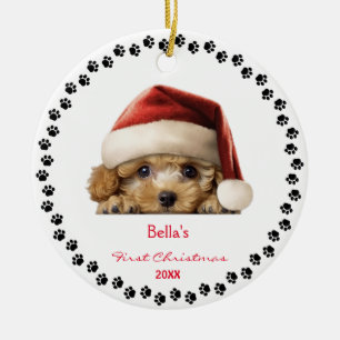 Schattigee Bichon Frise Dog Santa Hat Eerste Kerst Keramisch Ornament