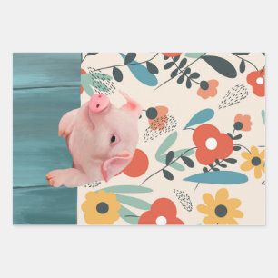 Schattigee biggen en vrolijke bloemen inpakpapier vel