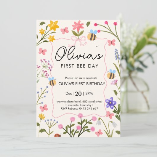 Schattigee bijen wilde bloemen eerste verjaardag kaart (Staand voorkant)