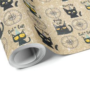 Schattigee Black Cat en Cadeau-Gold Glitter-Meow P Cadeaupapier
