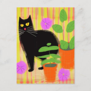 Schattigee Black Cat in kamerplanten Briefkaart