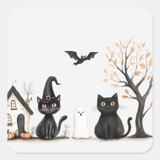 Schattigee Black Cats Halloween Party Vierkante Sticker (Voorkant)