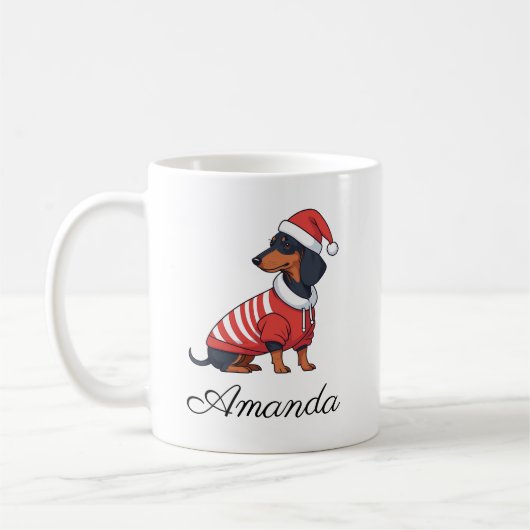 Schattigee Black & Tan Tachshund Kerstnaam Koffiemok (Links)